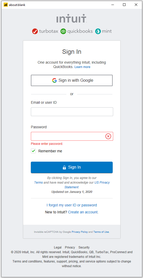Entering Username and Password of your QuickBooks Account - QuickBooks Power BI